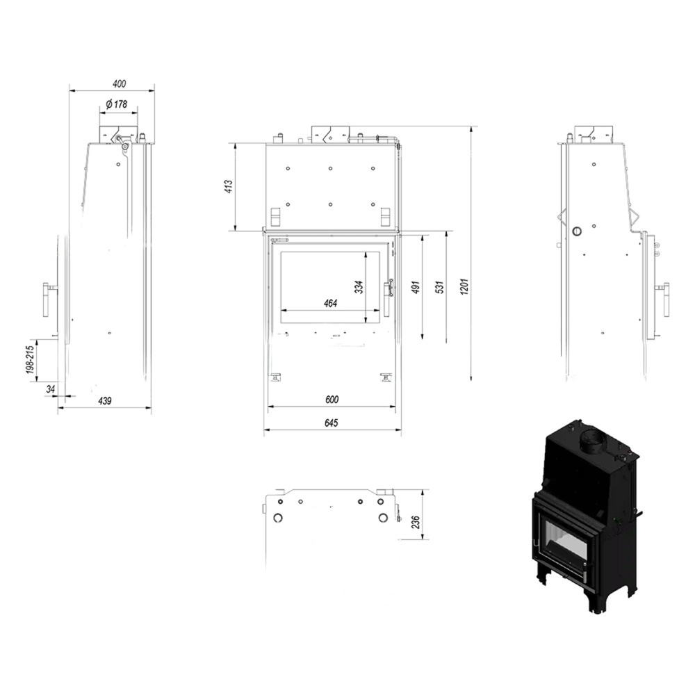 Каминная топка Kratki AQUARIO/M/12/PW/W